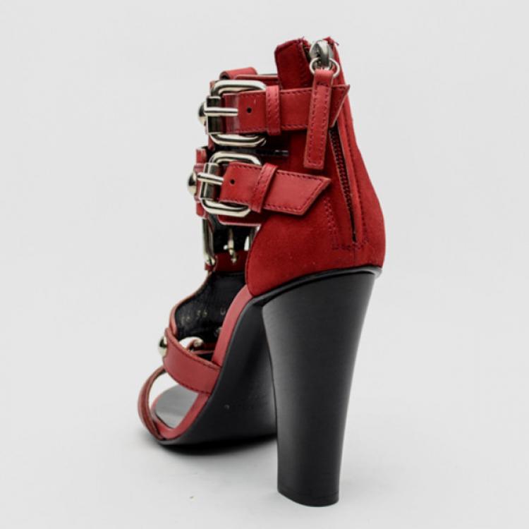 Pre Owned Giuseppe Zanotti For Pierre Balmain Red Suede Buckle Strappy Sandals Size 36