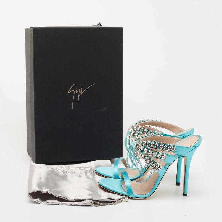Pre Owned Giuseppe Zanotti Sky Blue Satin Crystal Embellished Slide Sandals Size 37