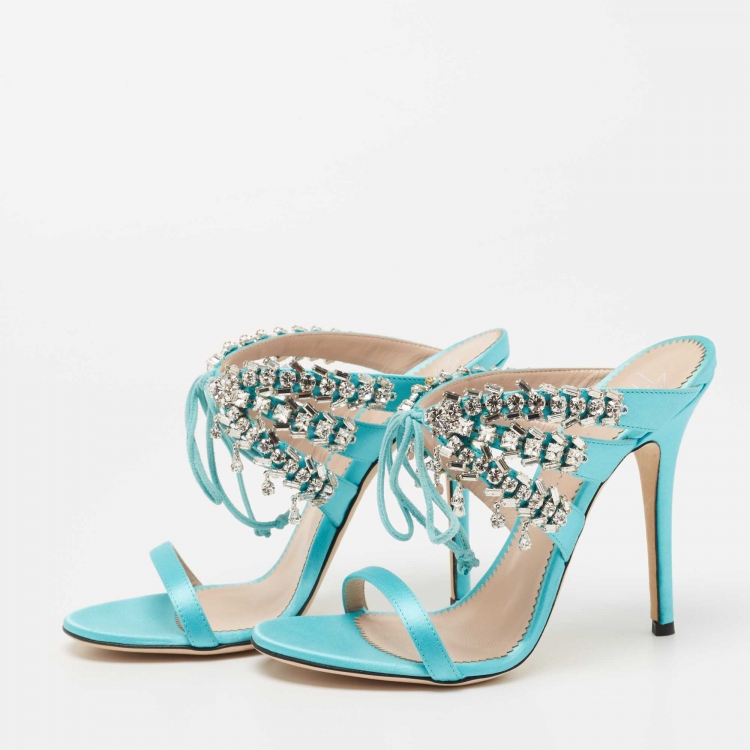 Pre Owned Giuseppe Zanotti Sky Blue Satin Crystal Embellished Slide Sandals Size 37