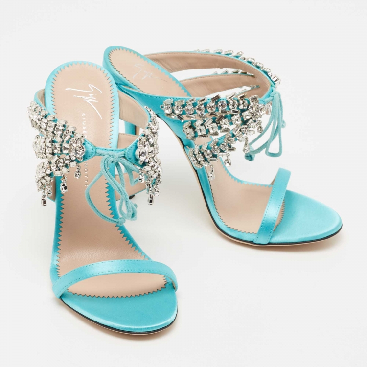 Pre Owned Giuseppe Zanotti Sky Blue Satin Crystal Embellished Slide Sandals Size 37