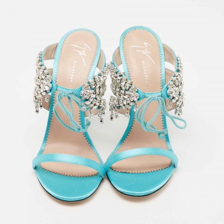 Pre Owned Giuseppe Zanotti Sky Blue Satin Crystal Embellished Slide Sandals Size 37