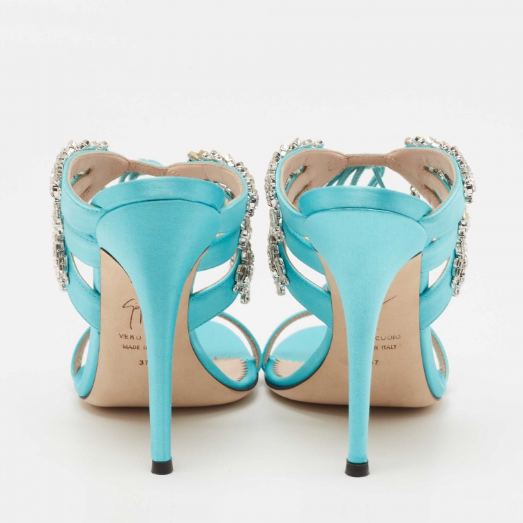 Pre Owned Giuseppe Zanotti Sky Blue Satin Crystal Embellished Slide Sandals Size 37