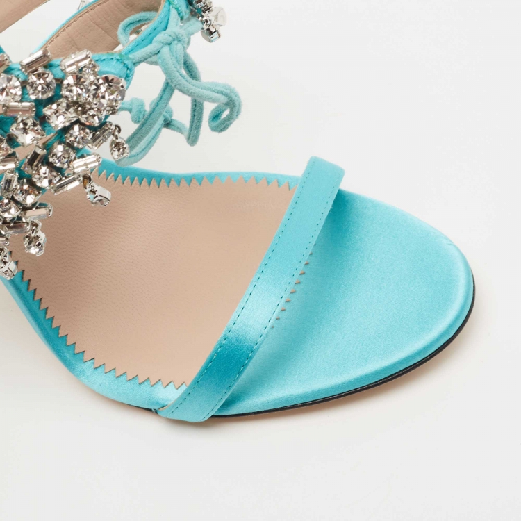 Pre Owned Giuseppe Zanotti Sky Blue Satin Crystal Embellished Slide Sandals Size 37
