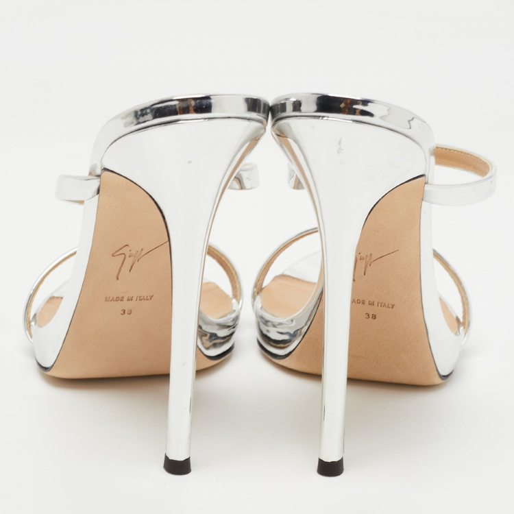 Pre Owned Giuseppe Zanotti Silver Leather Darsey Slide Sandals Size 38