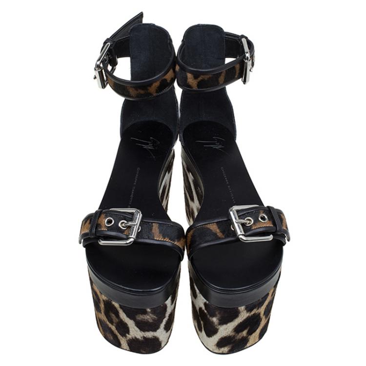 مملوكة مسبقًا Giuseppe Zanotti Black Leather and Leopard Calf Hair Ankle Strap Platform Sandals Size 37.5