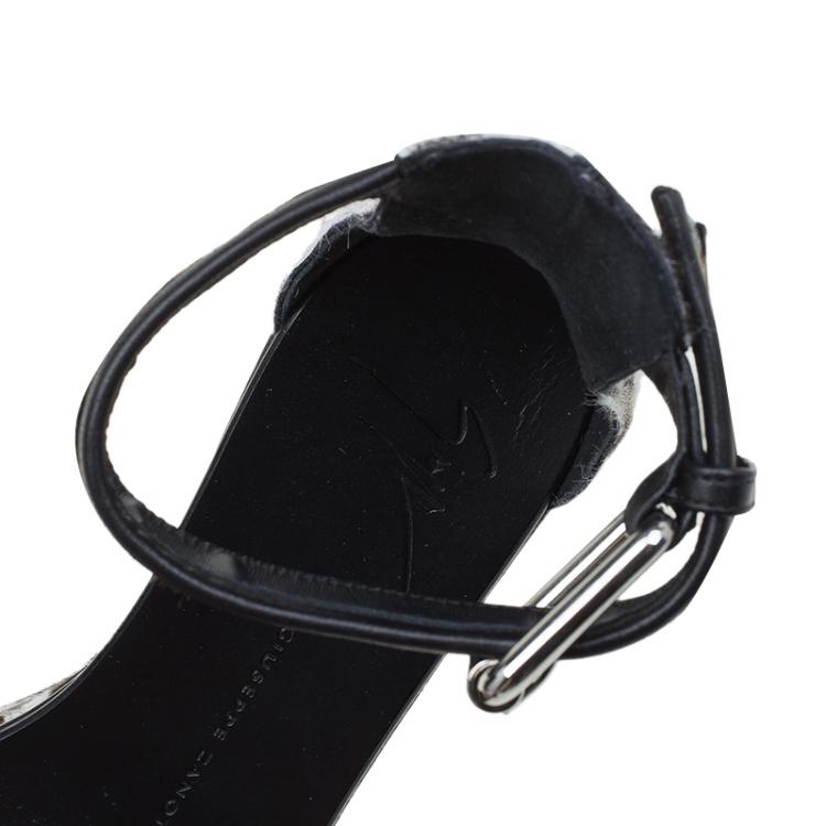 مملوكة مسبقًا Giuseppe Zanotti Black Leather and Leopard Calf Hair Ankle Strap Platform Sandals Size 37.5