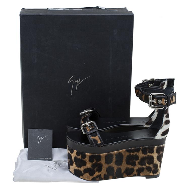 مملوكة مسبقًا Giuseppe Zanotti Black Leather and Leopard Calf Hair Ankle Strap Platform Sandals Size 37.5