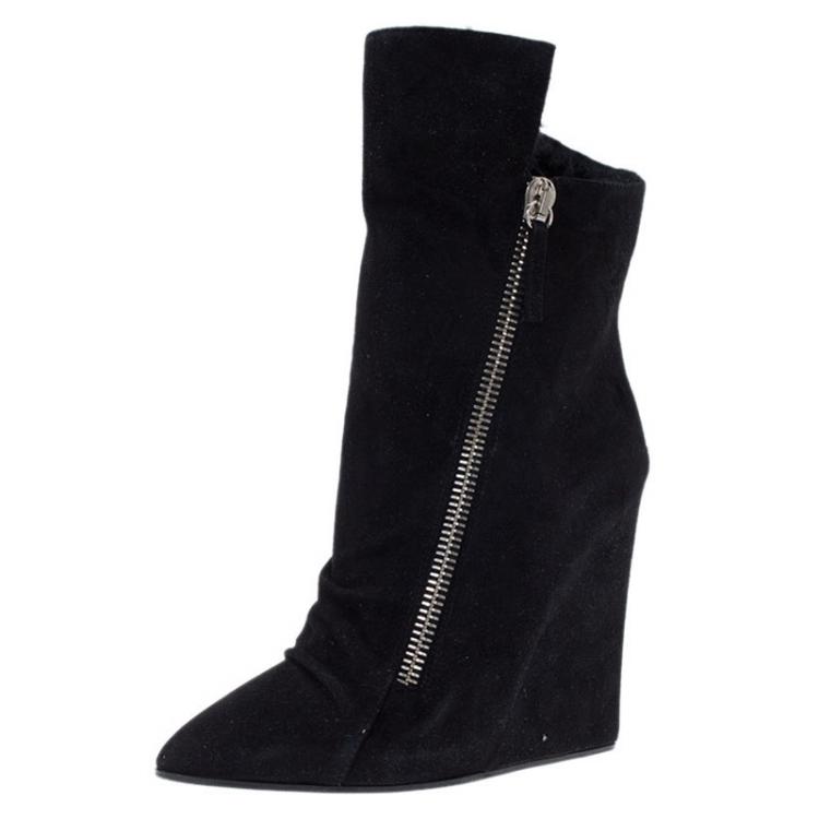 Giuseppe Zanotti Black Suede Fur Lined Wedge Ankle Boots Size 38.5 ...