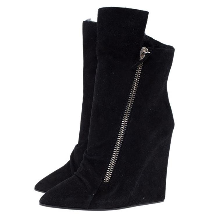 Pre Owned Giuseppe Zanotti Black Suede Fur Lined Wedge Ankle Boots Size 38.5