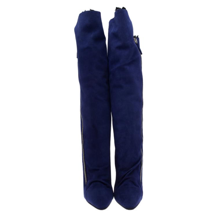 Pre Owned Giuseppe Zanotti Blue Suede Guaz Fur Lined Wedge Knee Boots Size 40