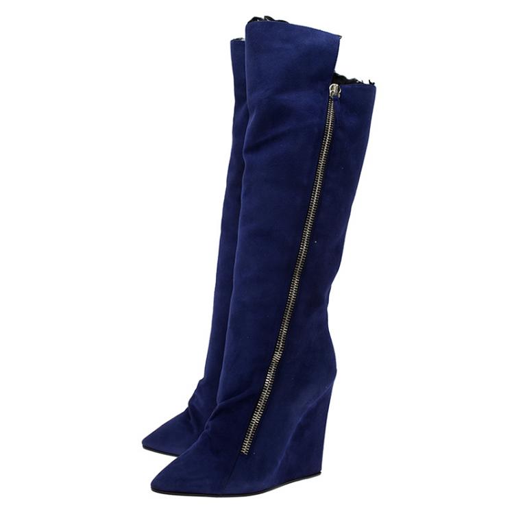Pre Owned Giuseppe Zanotti Blue Suede Guaz Fur Lined Wedge Knee Boots Size 40