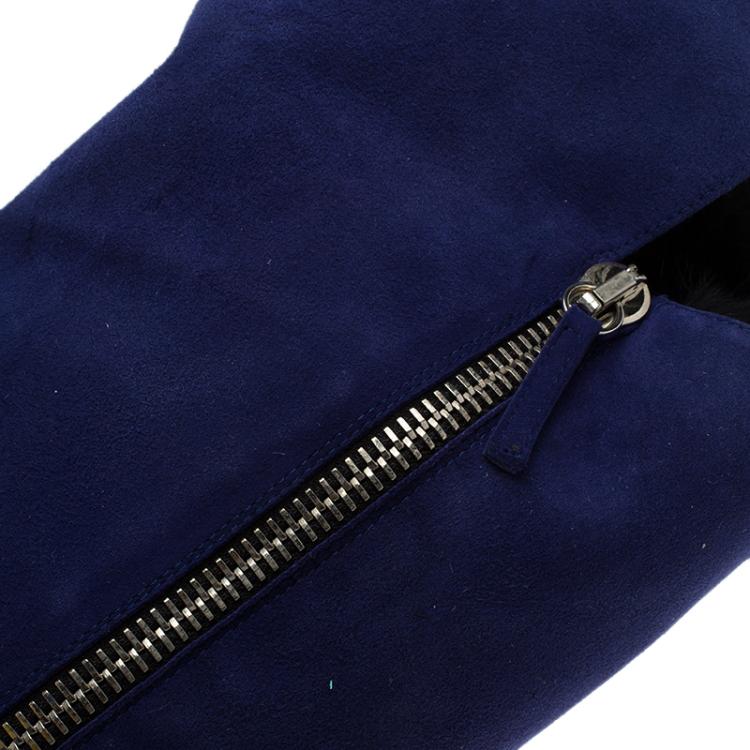 Pre Owned Giuseppe Zanotti Blue Suede Guaz Fur Lined Wedge Knee Boots Size 40