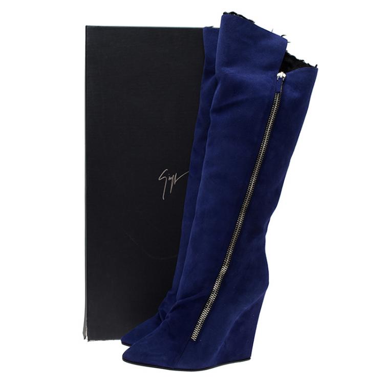 Pre Owned Giuseppe Zanotti Blue Suede Guaz Fur Lined Wedge Knee Boots Size 40