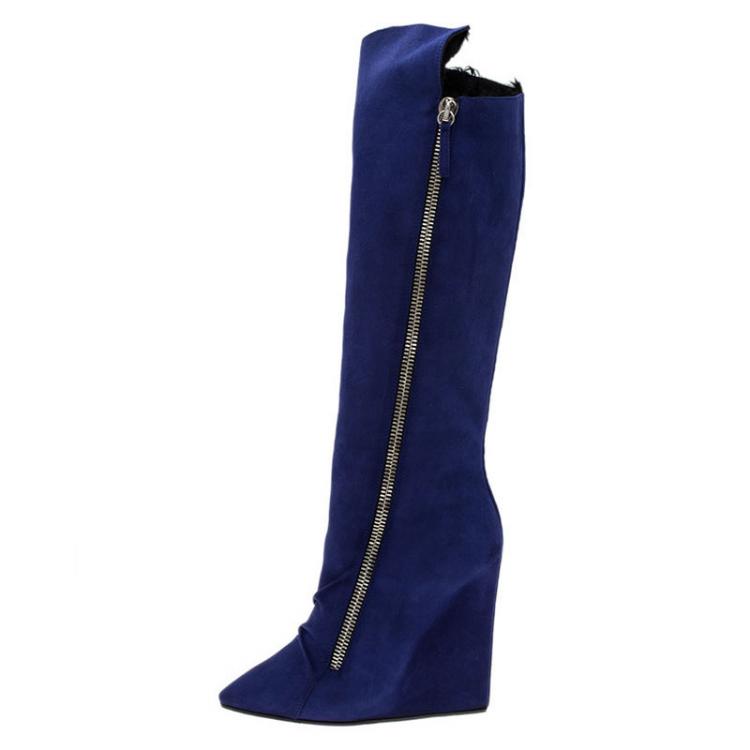 Pre Owned  Giuseppe Zanotti Blue Suede Guaz Fur Lined Wedge Knee Boots Size 38.5