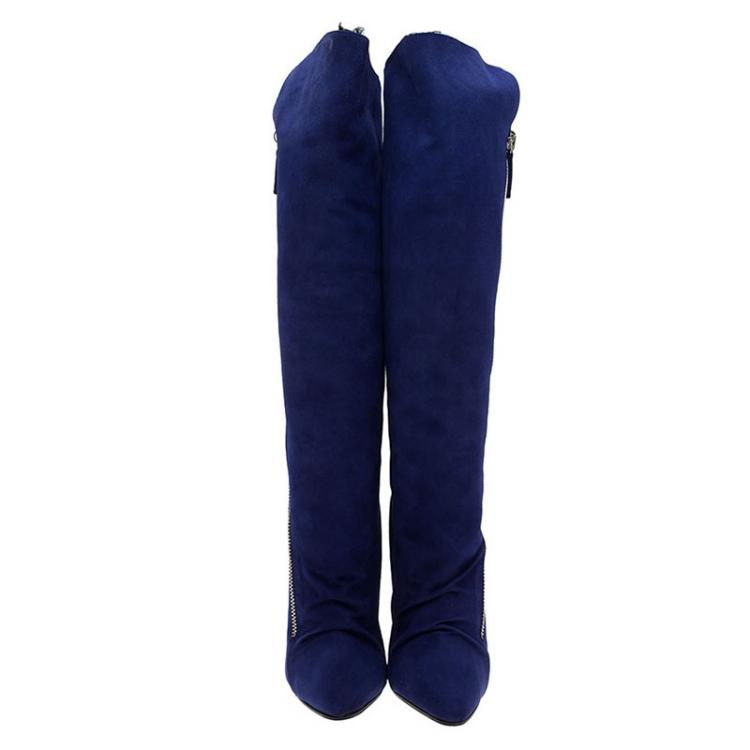 Pre Owned  Giuseppe Zanotti Blue Suede Guaz Fur Lined Wedge Knee Boots Size 38.5