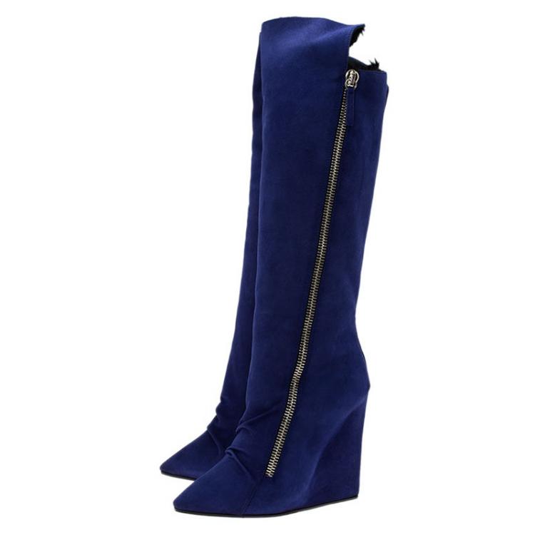 Pre Owned  Giuseppe Zanotti Blue Suede Guaz Fur Lined Wedge Knee Boots Size 38.5