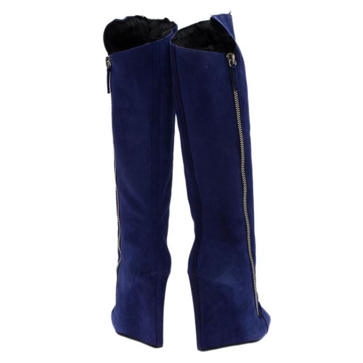 Pre Owned  Giuseppe Zanotti Blue Suede Guaz Fur Lined Wedge Knee Boots Size 38.5