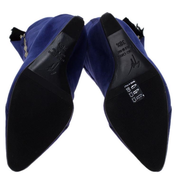 Pre Owned  Giuseppe Zanotti Blue Suede Guaz Fur Lined Wedge Knee Boots Size 38.5