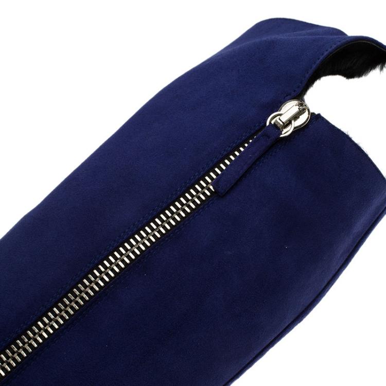 Pre Owned  Giuseppe Zanotti Blue Suede Guaz Fur Lined Wedge Knee Boots Size 38.5
