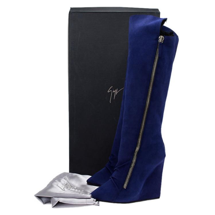 Pre Owned  Giuseppe Zanotti Blue Suede Guaz Fur Lined Wedge Knee Boots Size 38.5