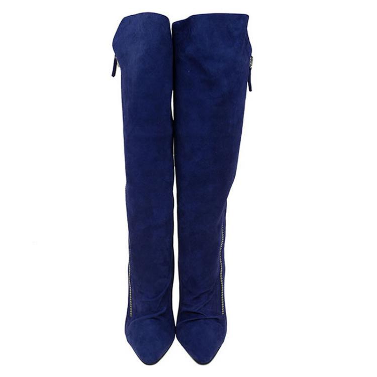 Pre Owned Giuseppe Zanotti Blue Suede and Fur Lining Guaz Wedge Knee Boots Size 37