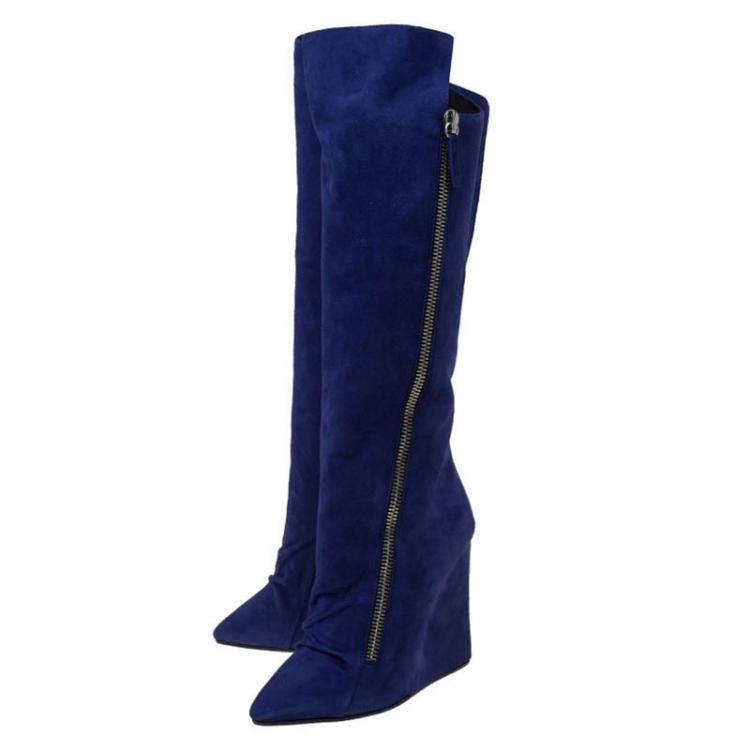 Pre Owned Giuseppe Zanotti Blue Suede and Fur Lining Guaz Wedge Knee Boots Size 37