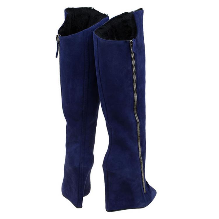 Pre Owned Giuseppe Zanotti Blue Suede and Fur Lining Guaz Wedge Knee Boots Size 37