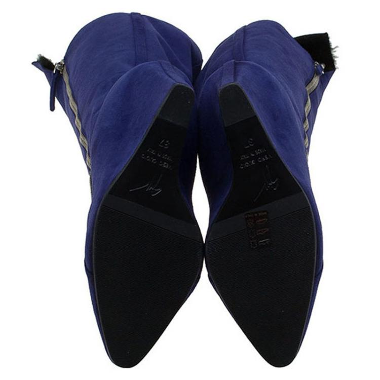 Pre Owned Giuseppe Zanotti Blue Suede and Fur Lining Guaz Wedge Knee Boots Size 37