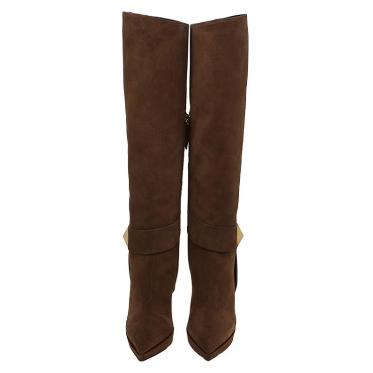 Pre Owned Giuseppe Zanotti Brown Suede Pyramid Stud Platform Knee Boots Size 37