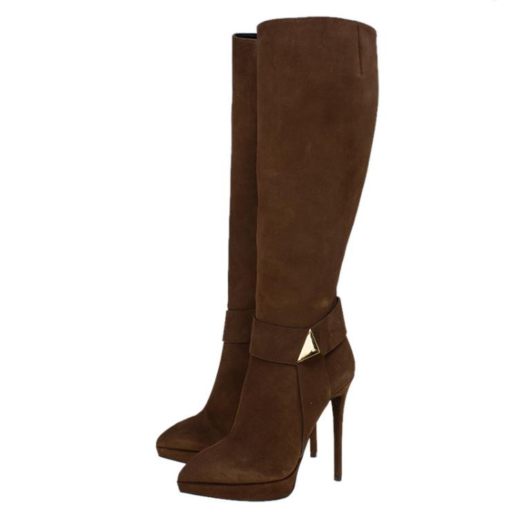 Pre Owned Giuseppe Zanotti Brown Suede Pyramid Stud Platform Knee Boots Size 37