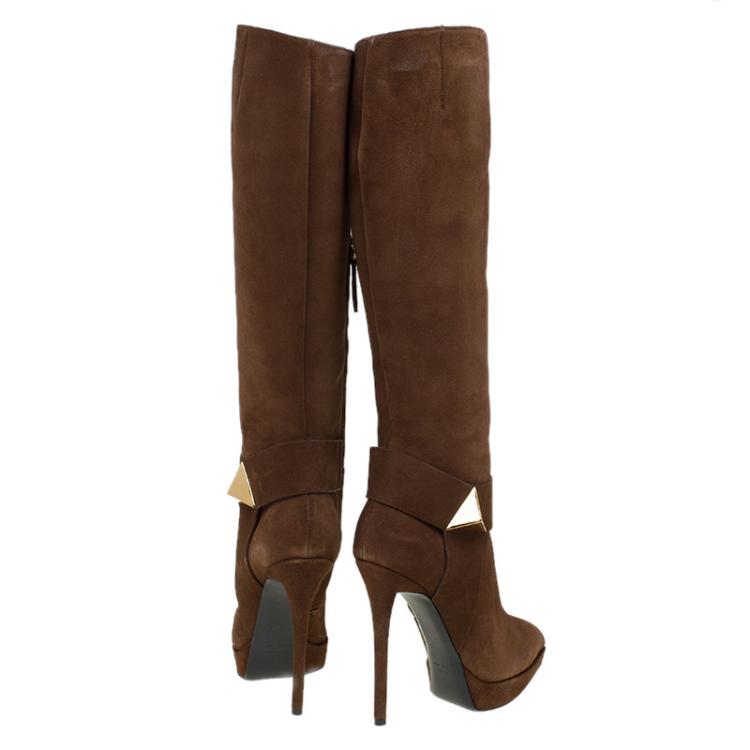 Pre Owned Giuseppe Zanotti Brown Suede Pyramid Stud Platform Knee Boots Size 37