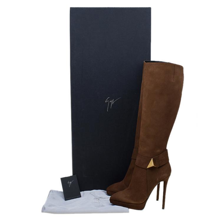 Pre Owned Giuseppe Zanotti Brown Suede Pyramid Stud Platform Knee Boots Size 37