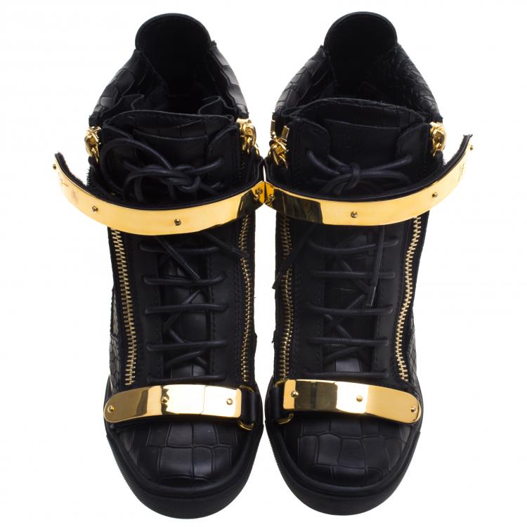 Pre Owned Giuseppe Zanotti Black Croc Embossed Leather Lorenz Wedge Sneakers Size 40
