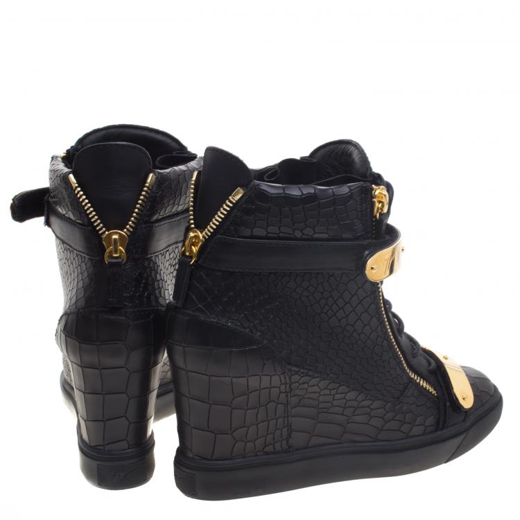 Pre Owned Giuseppe Zanotti Black Croc Embossed Leather Lorenz Wedge Sneakers Size 40