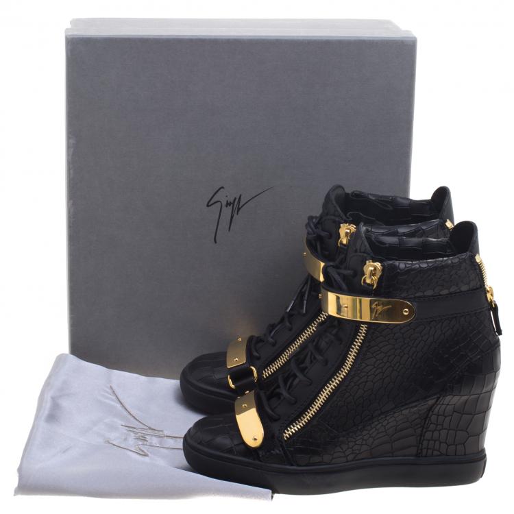 Pre Owned Giuseppe Zanotti Black Croc Embossed Leather Lorenz Wedge Sneakers Size 40