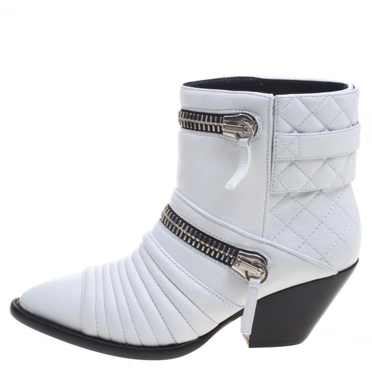 Pre Owned Giuseppe Zanotti White Quilted Leather Ankle Boots Size 37