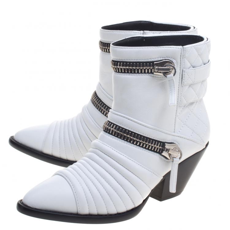 Pre Owned Giuseppe Zanotti White Quilted Leather Ankle Boots Size 37