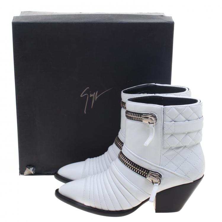 Pre Owned Giuseppe Zanotti White Quilted Leather Ankle Boots Size 37