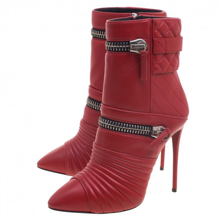 مملوكة مسبقًا Giuseppe Zanotti Red Quilted Leather Double Zip Accent Boots Size 38