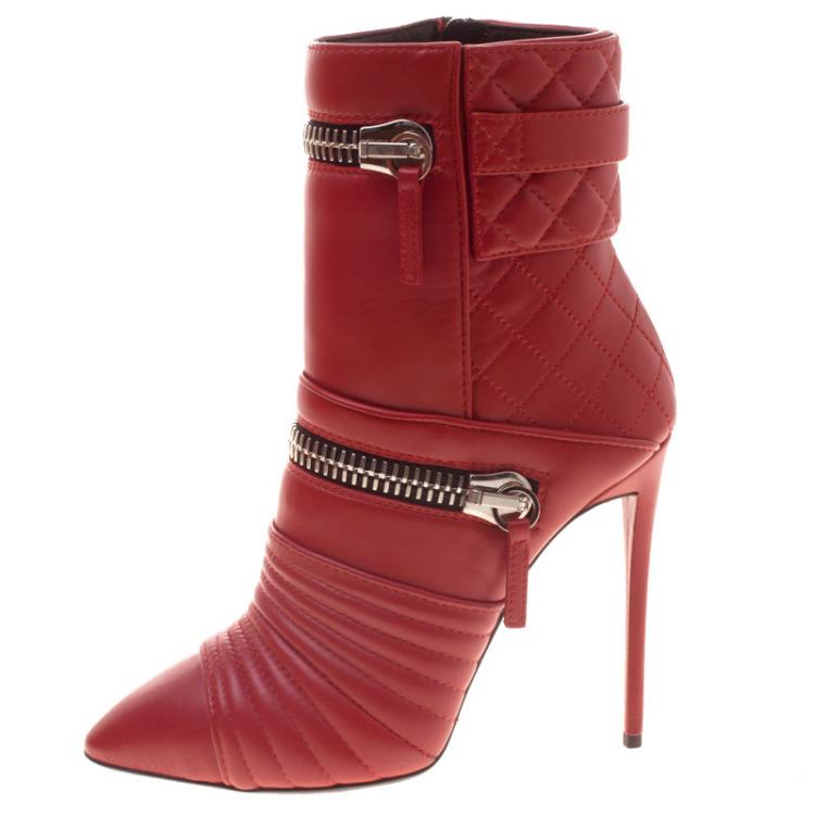 Pre Owned Giuseppe Zanotti Red Quilted Leather Double Zip Accent Boots Size 37