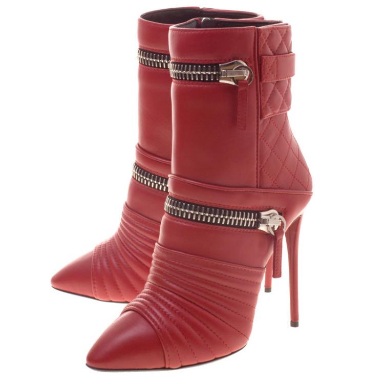 Pre Owned Giuseppe Zanotti Red Quilted Leather Double Zip Accent Boots Size 37