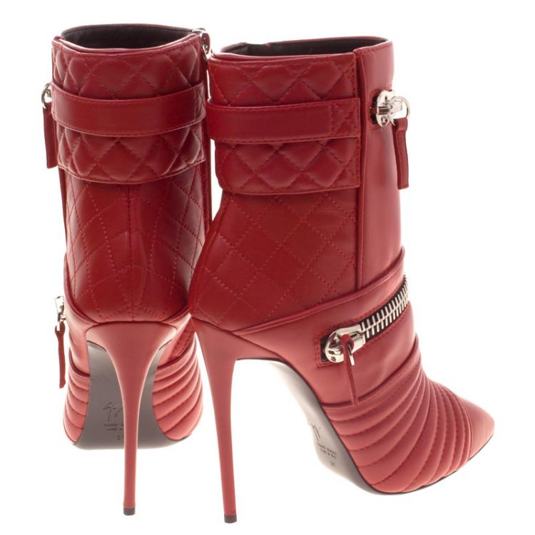 Pre Owned Giuseppe Zanotti Red Quilted Leather Double Zip Accent Boots Size 37