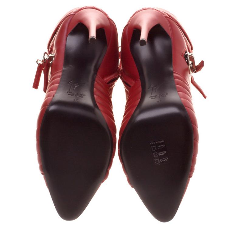 Pre Owned Giuseppe Zanotti Red Quilted Leather Double Zip Accent Boots Size 37