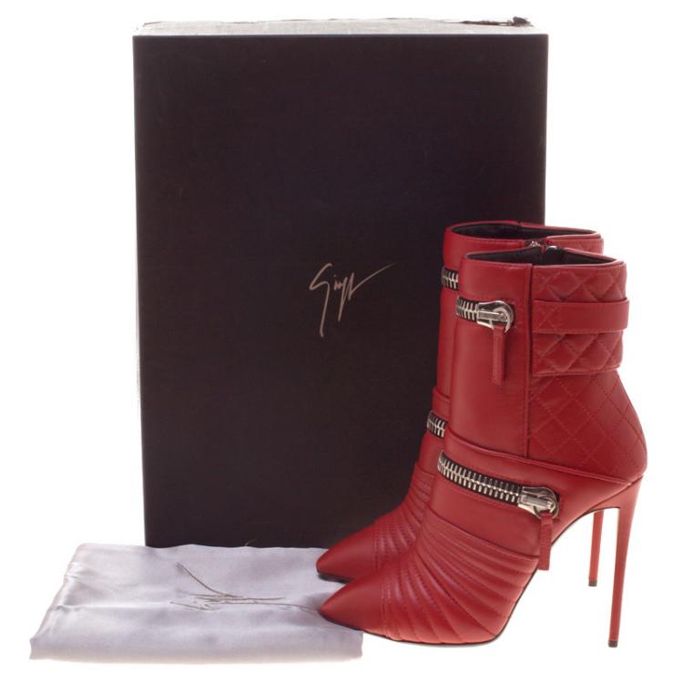 Pre Owned Giuseppe Zanotti Red Quilted Leather Double Zip Accent Boots Size 37