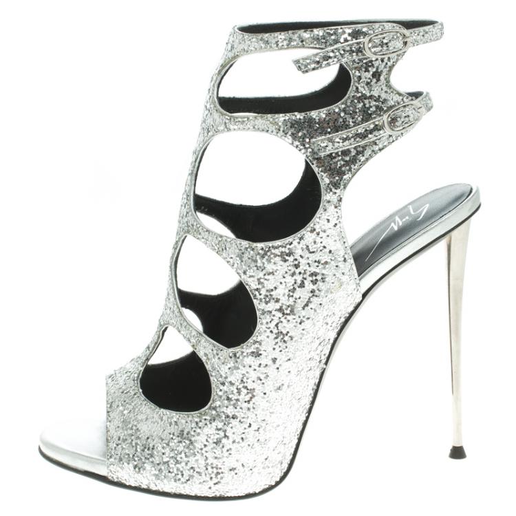 Pre Owned Giuseppe Zanotti Silver Glitter Cutout Ankle Strap Sandals Size 37.5