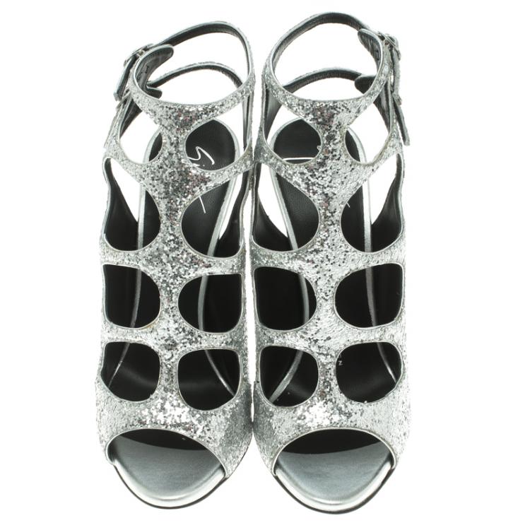 Pre Owned Giuseppe Zanotti Silver Glitter Cutout Ankle Strap Sandals Size 37.5