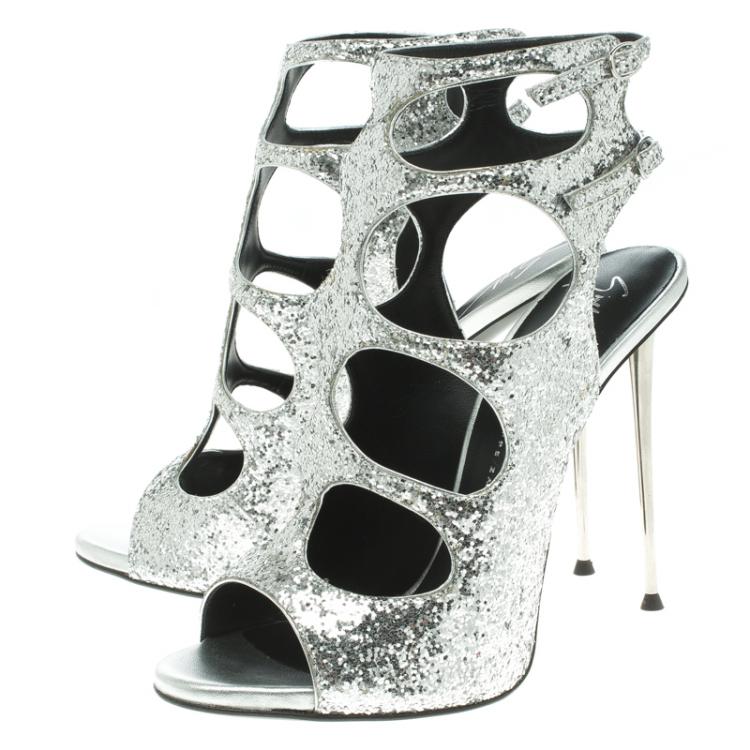 Pre Owned Giuseppe Zanotti Silver Glitter Cutout Ankle Strap Sandals Size 37.5