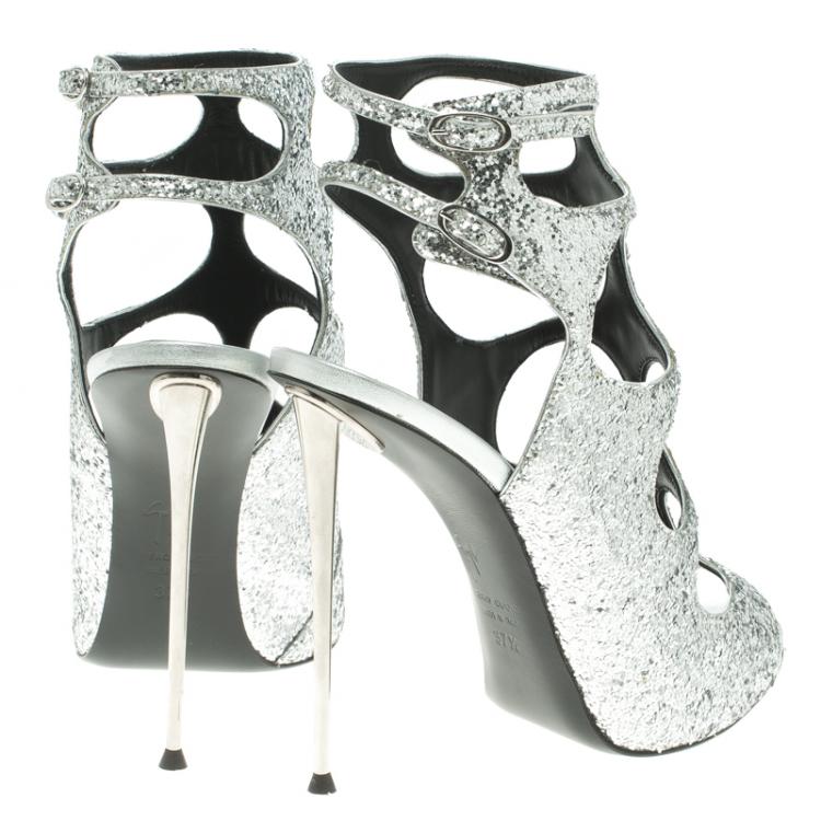 Pre Owned Giuseppe Zanotti Silver Glitter Cutout Ankle Strap Sandals Size 37.5