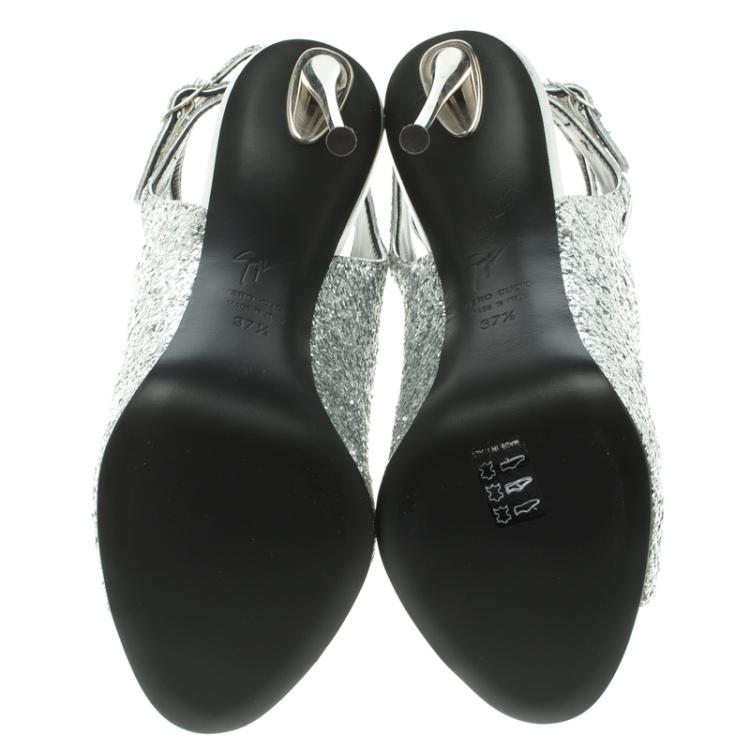 Pre Owned Giuseppe Zanotti Silver Glitter Cutout Ankle Strap Sandals Size 37.5