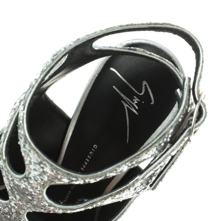 Pre Owned Giuseppe Zanotti Silver Glitter Cutout Ankle Strap Sandals Size 37.5